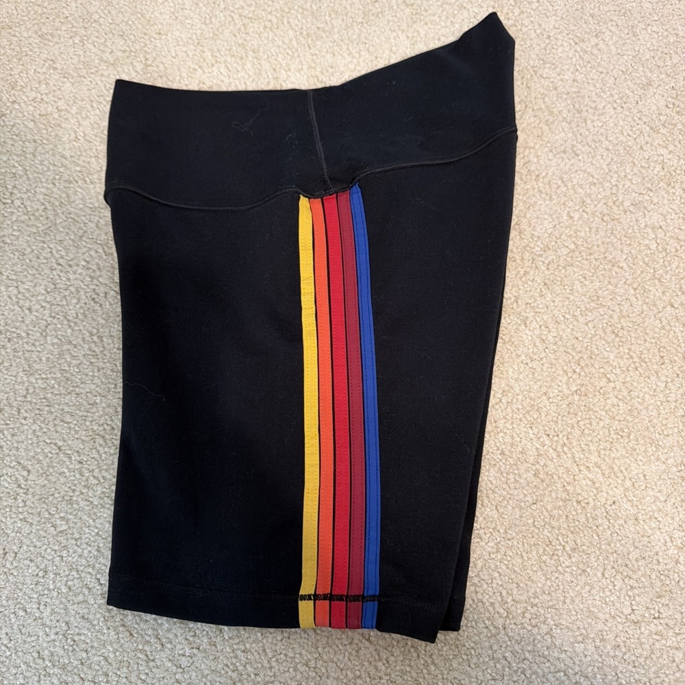 EUC AVIATOR NATION 5 Stripe Rainbow 4" High Rise Biker Short Women M BLACK $115 - Picture 9 of 10